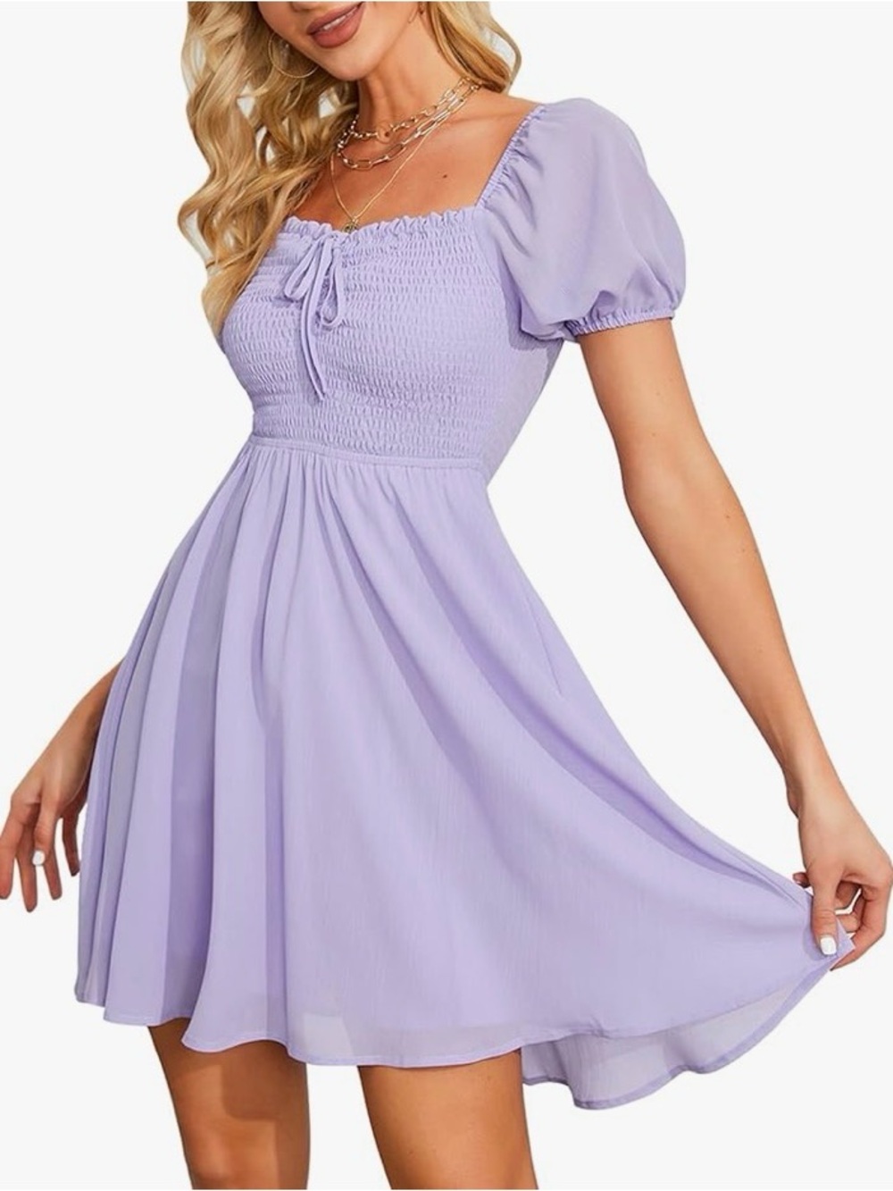 Sweetheart Neckline Smocked Sundress Puff Short Sleeve Lavender Drawstring Dress